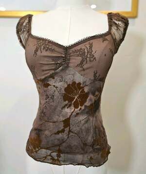 Thirty/Thirty Y2K Brown Mesh Velvet Floral Milkmaid Top XS Whimsygoth Fairycore